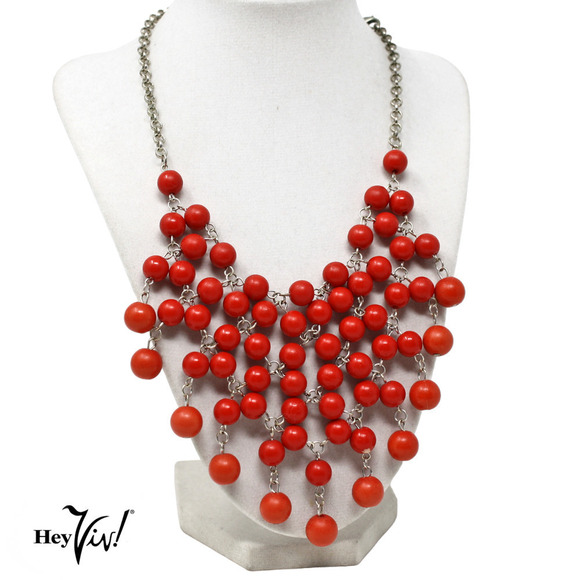 Vintage Free Flowing Boho Red Bead Bib Necklace 4.5" Wide 23" Long - Hey Viv - Picture 5 of 8